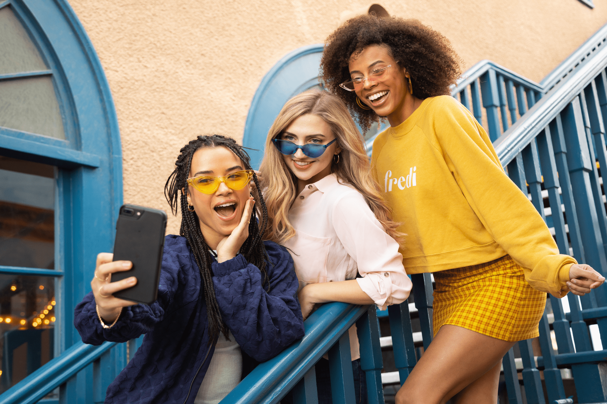 3 happy teen girls taking selfie for tiktok advertising