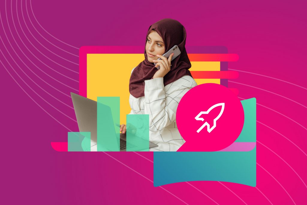 woman izea phone laptop rocket