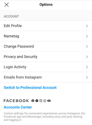 Instagram option to switch to professional account