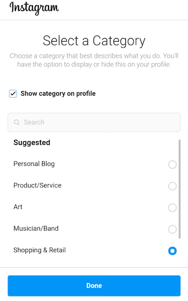 Instagram Select Category Screen