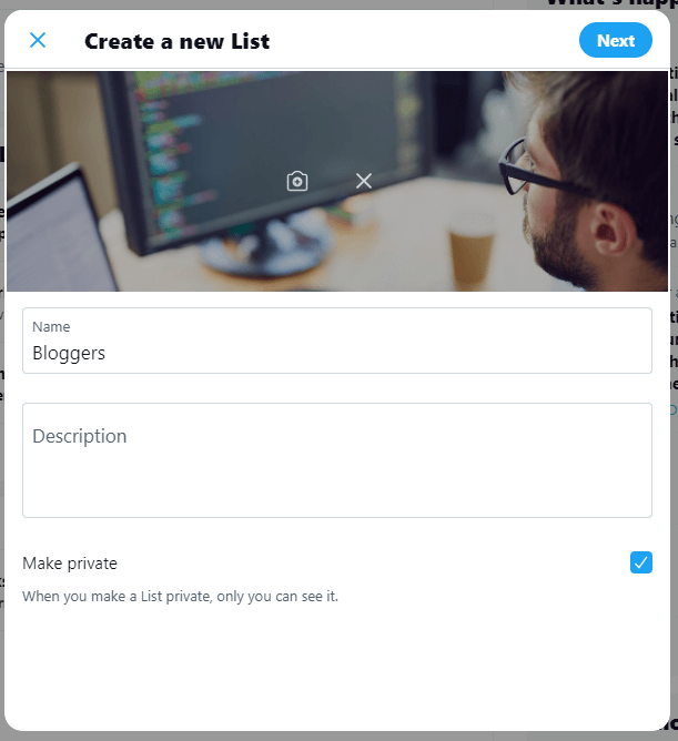 Create new list screen Twitter List