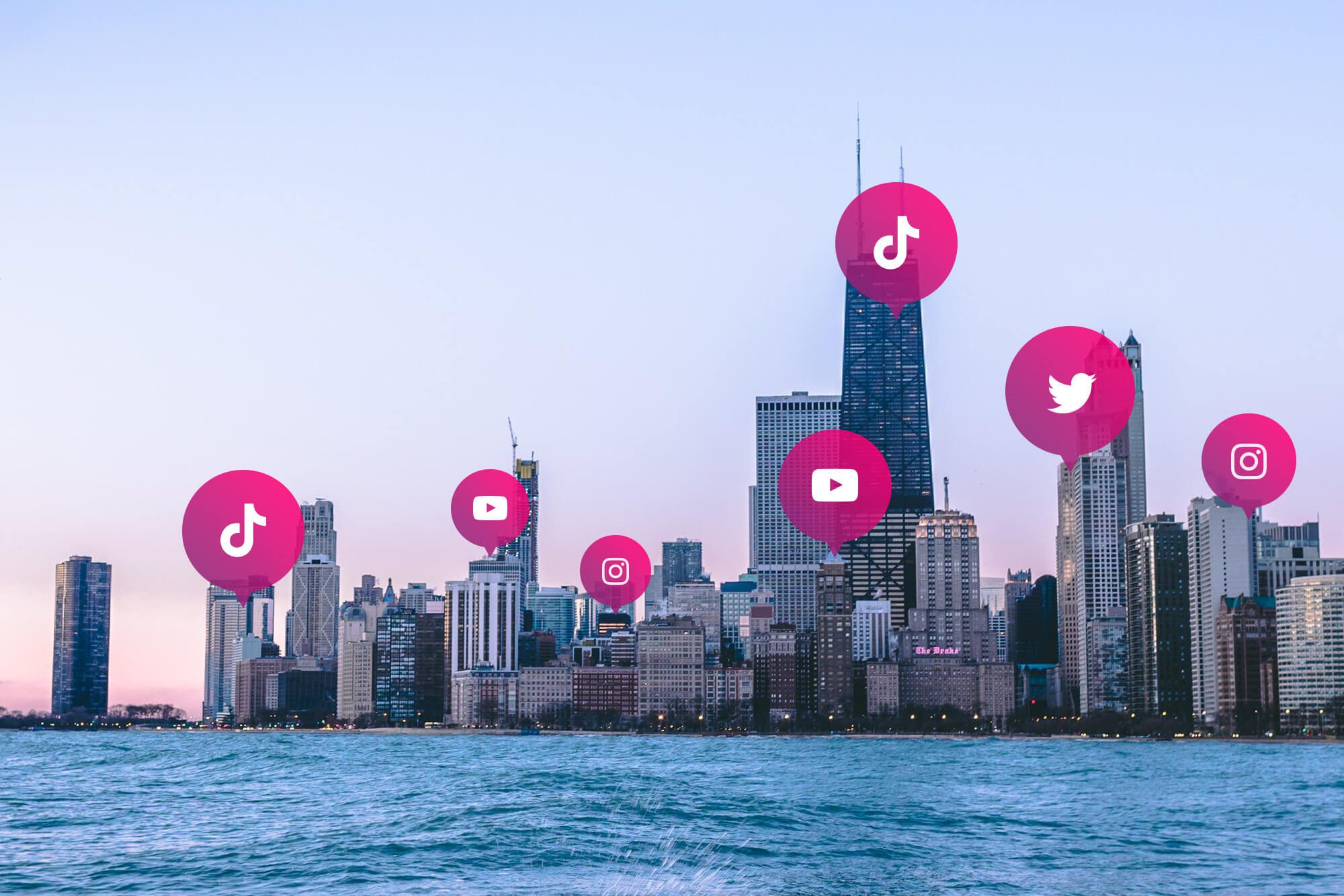 Chicago skyline with social media icons