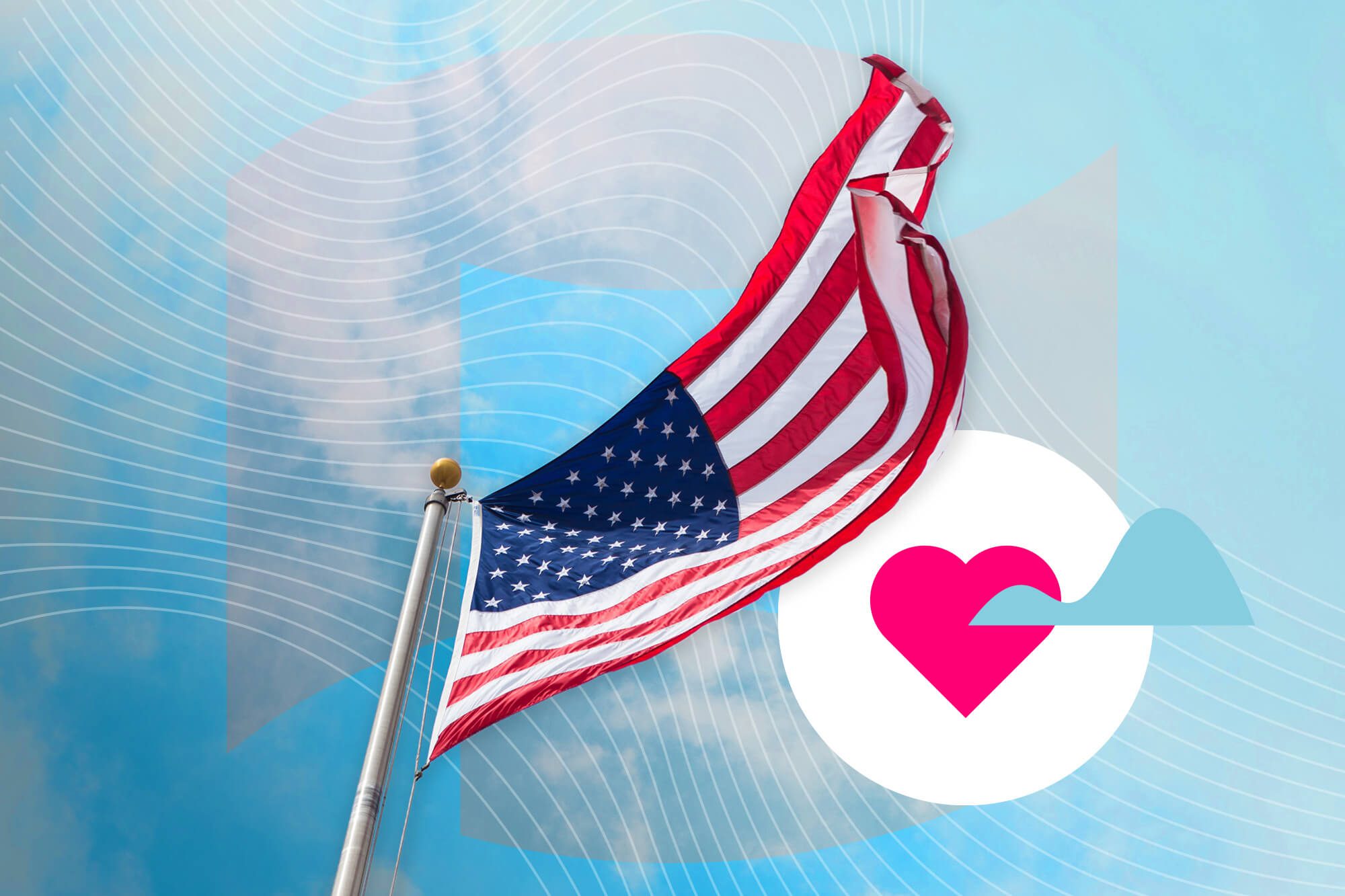 American flag waving in the breeze next to a heart