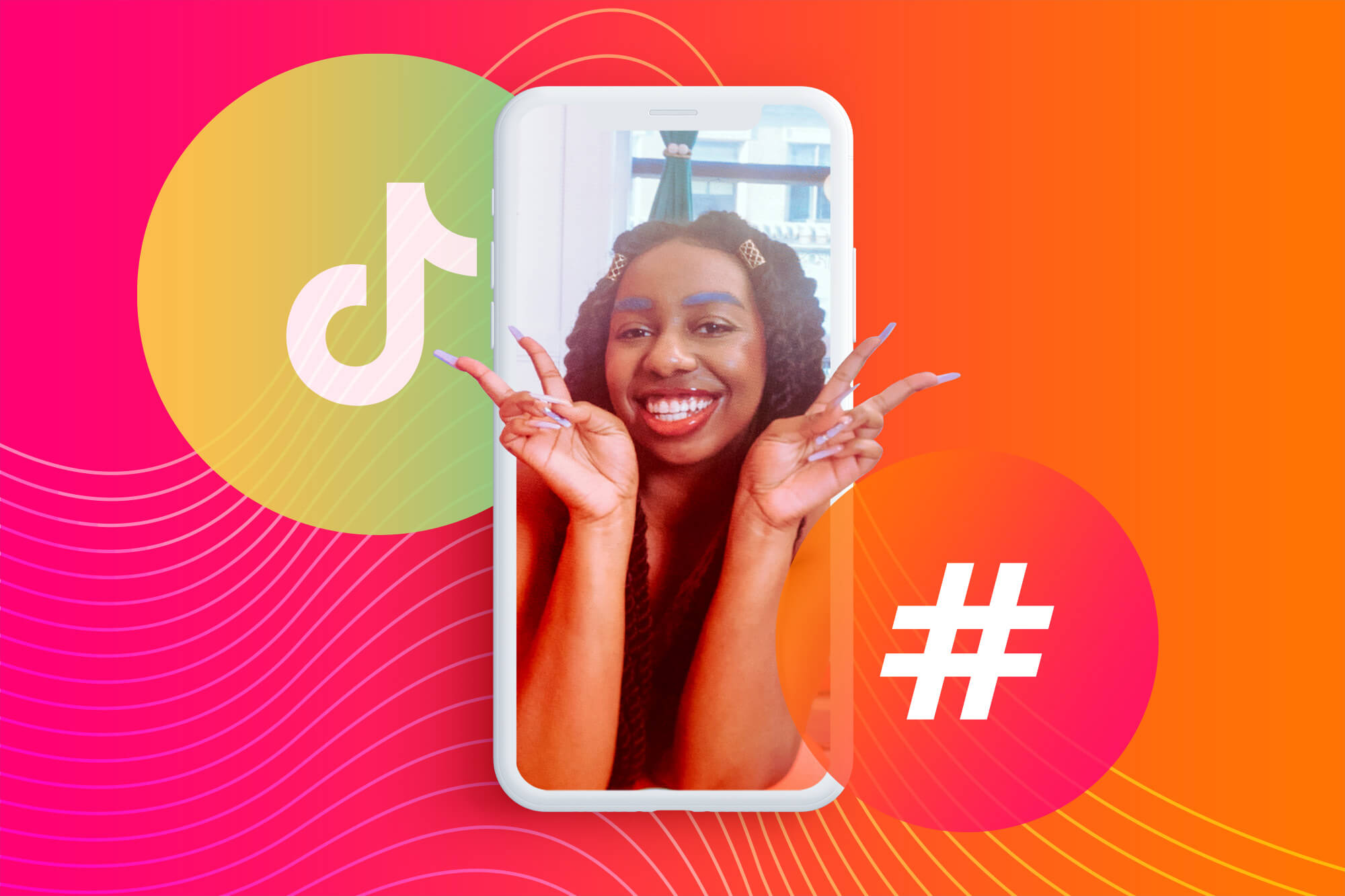 Phone screen shows smiling influencer with Tiktok and hashtag icons beside her