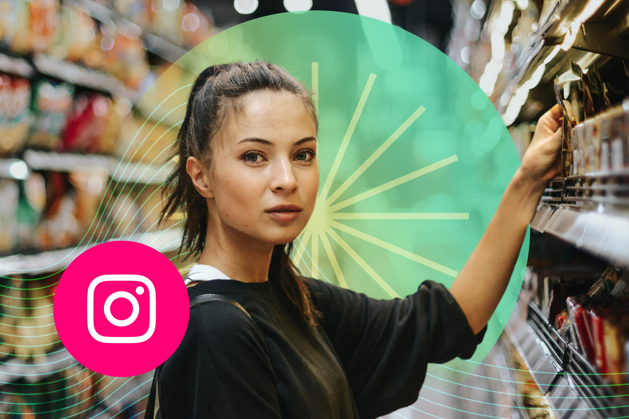 Woman in grocery store aisle grabs product off a shelf; Instagram icon is to her left