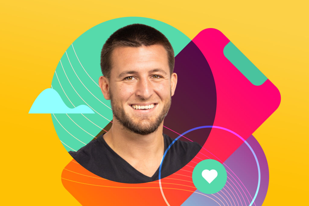 Head shot of Ross Yellowlees with graphical image of phone