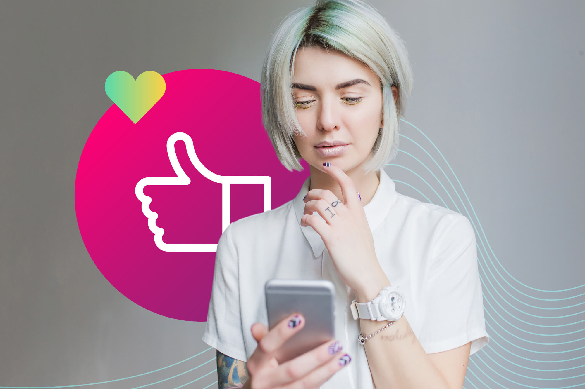 A woman with short hair and white button down top looks at her smartphone