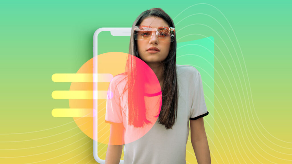 IZEA PR-Record-Breaking-Q1 - Woman wearing glasses and white shirt with black trim on yellow and green background.