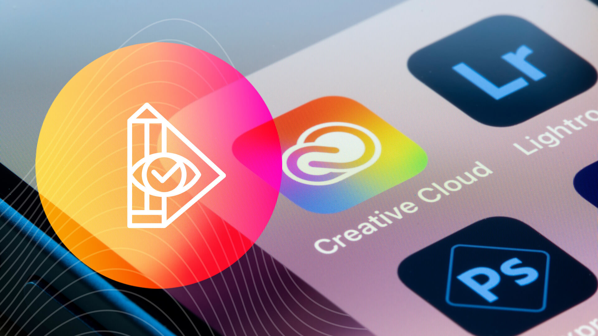 A smartphone screen with the Adobe Creative Cloud, Lightroom and Photoshop app icons is shown