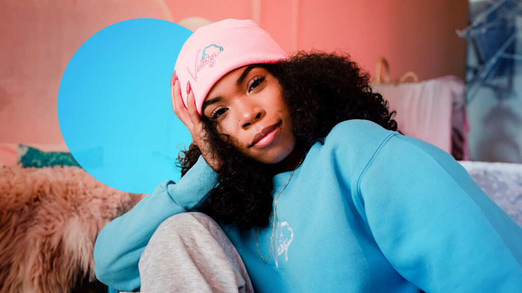 A woman in a light blue sweater