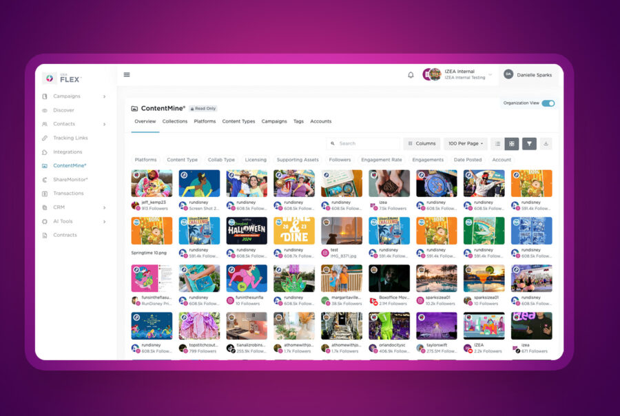 IZEA Flex ContentMine Organization view