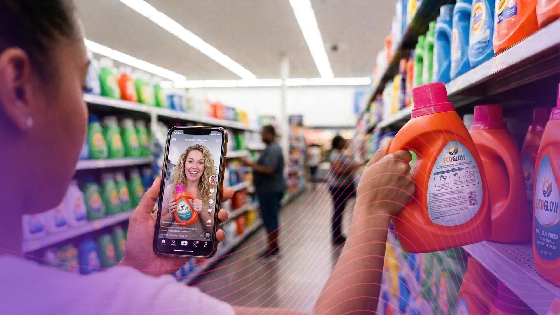 woman watching social post about which product to buy in grocery store