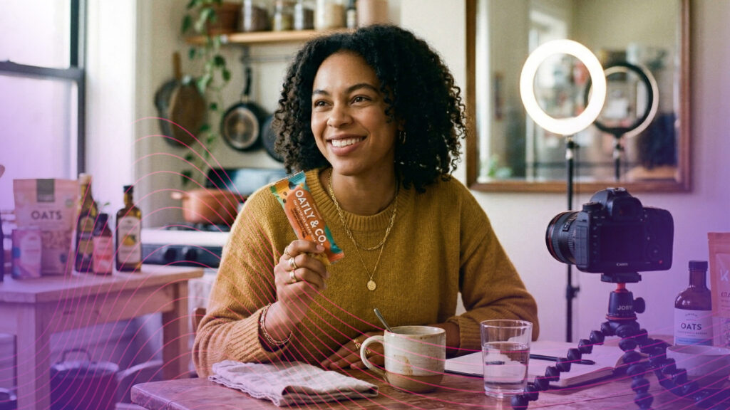 woman influencer reviewing oat and health products for her social media