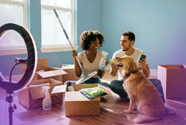 couple in a new house or apartment sharing cleaning tips and products on social media