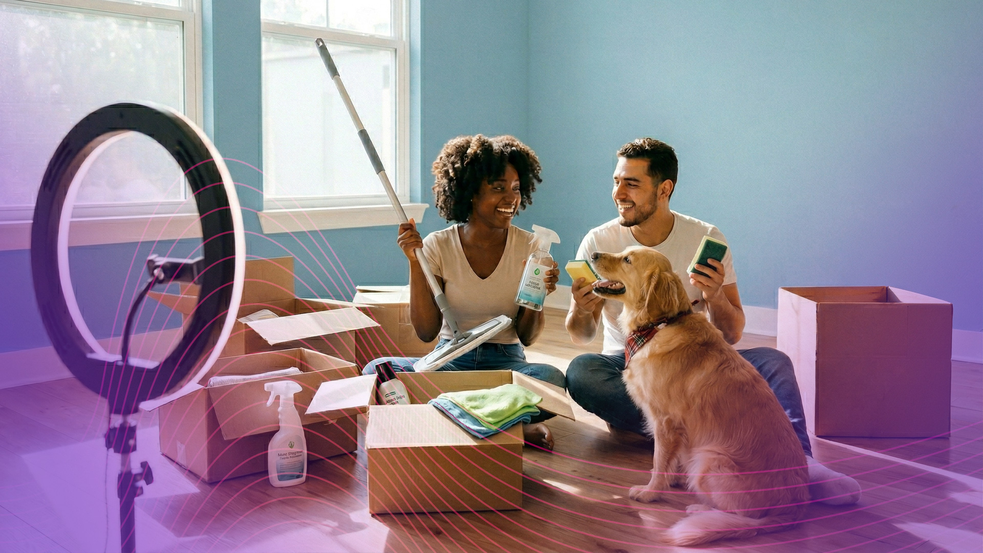 couple in a new house or apartment sharing cleaning tips and products on social media