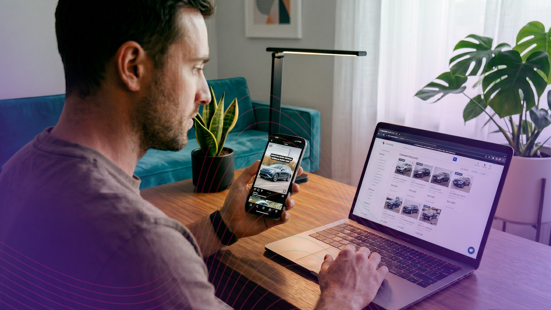 Man looking at cars on social media and going to a car dealership website