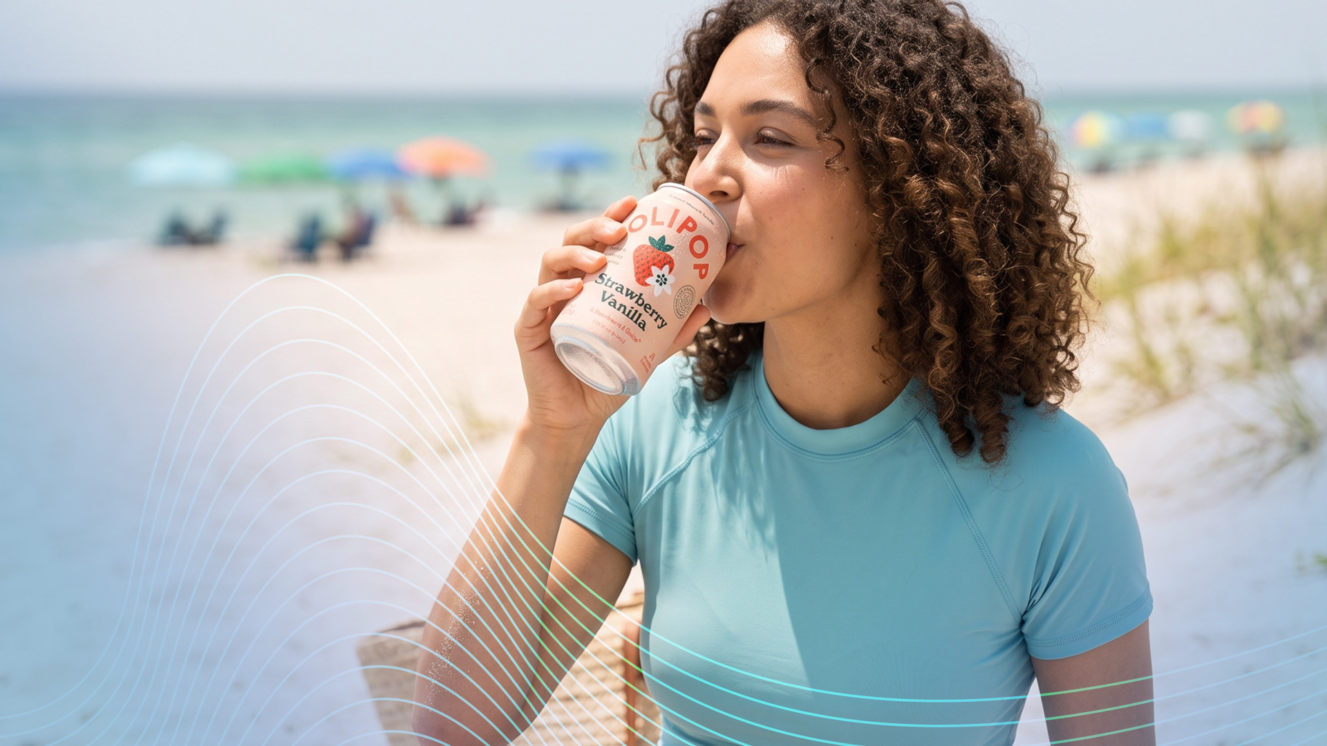 Woman at beach drinking a soda