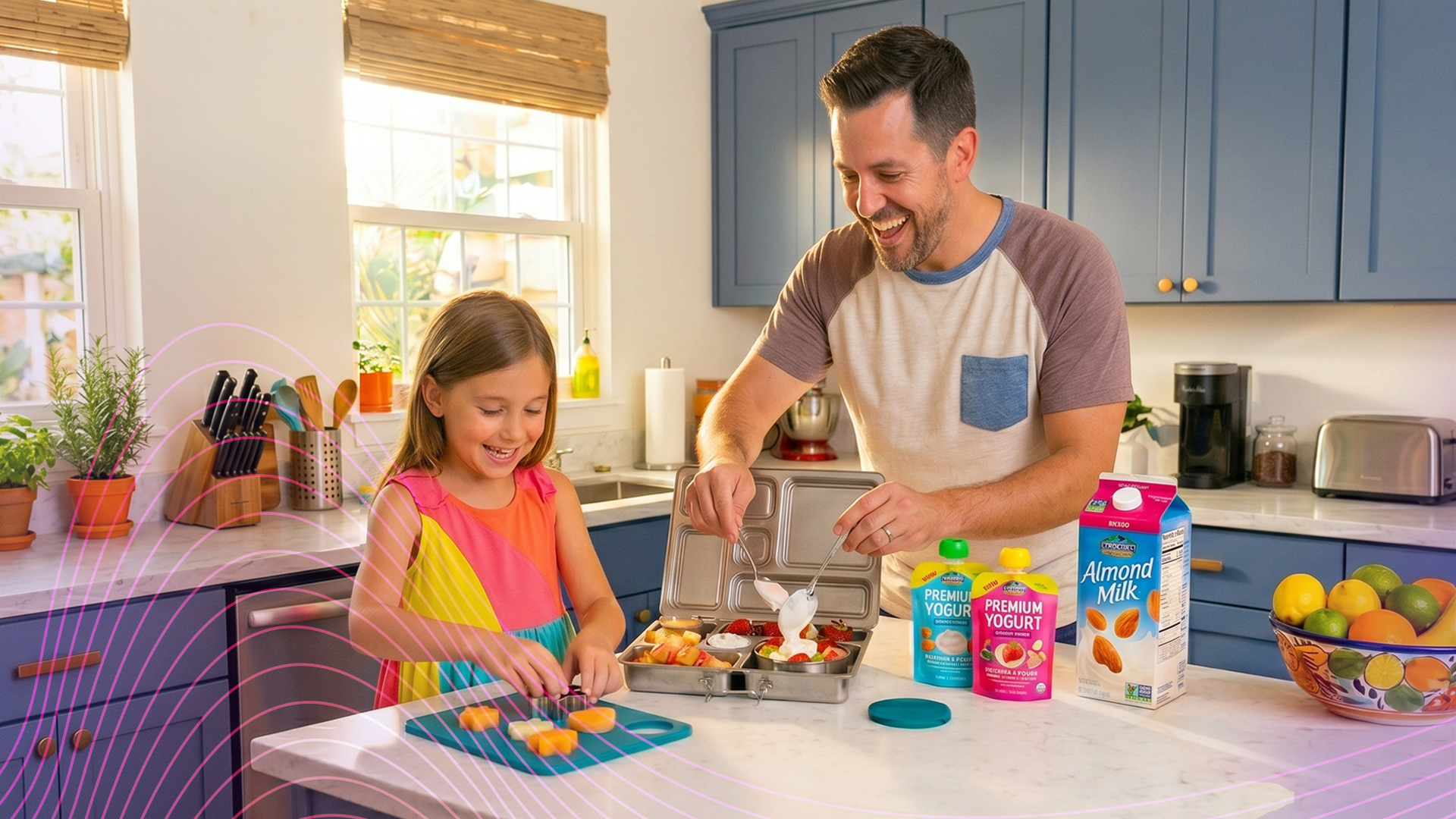 From Algorithm to Aisle - Father and daughter making a box school lunch in the family kitchen