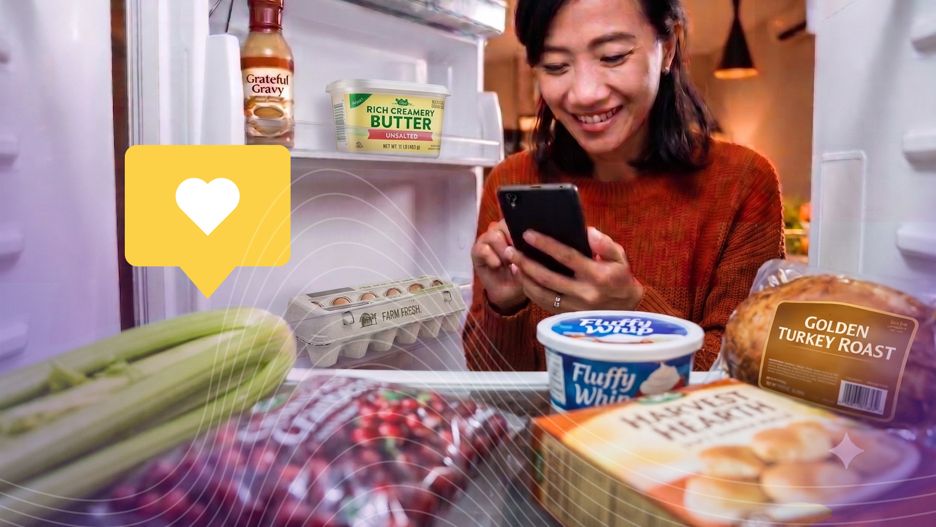 IZEA - Creator-led content production - woman looking in fridge to check her groceries for a Thanksgiving meal