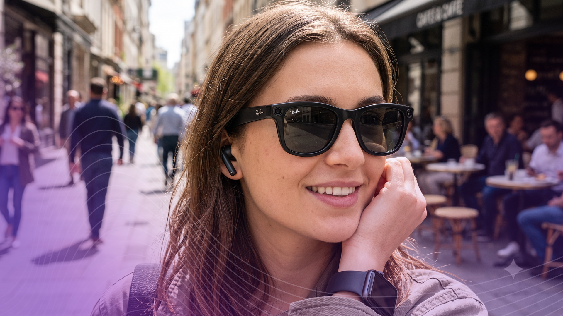 Woman wearing Meta RayBan glasses walking down street