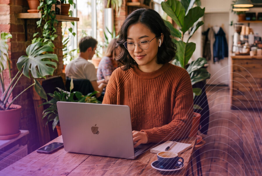 woman at cafe typing on her Apple Macbook laptop